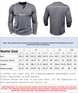 Detailed size chart for men's long sleeve slub cotton Henley t-shirt in S to XXL
