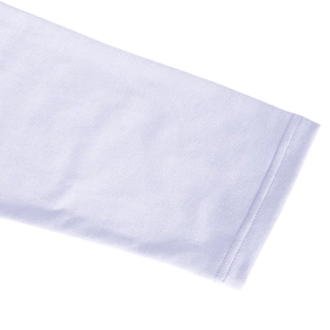 Detail of white knitted fabric sleeve cuff featuring precise double-needle stitching