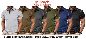 Detail view showing six available colors of men's short sleeve polo shirts with contrast stitching