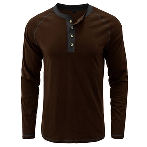 Classic men's retro heavyweight cotton long-sleeve Henley shirt in brown and grey