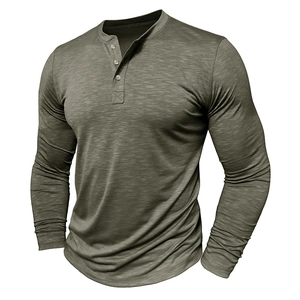 Detail of olive green heather textured henley shirt with three-button placket and cuffs