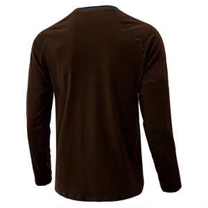 Back view of a heavy cotton long-sleeve Henley T-shirt in dark brown with raglan sleeves.