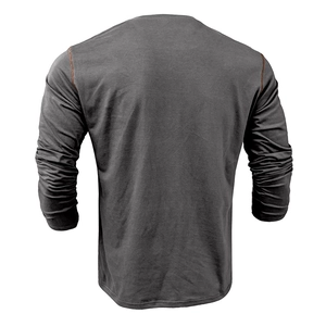 Detail view of charcoal gray Henley shirt back with contrast brown stitching on shoulders
