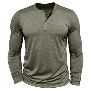 Detail of army green long sleeve Henley shirt with three-button neckline and slub texture