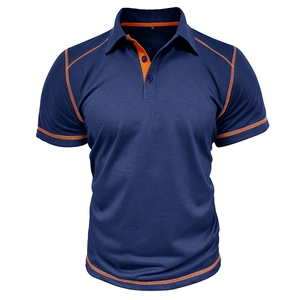 Detail of navy polo shirt with orange contrast stitching and breathable knit fabric