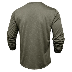 Back view of army green long sleeve Henley shirt showing slub cotton fabric texture