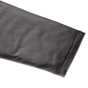 Detailed close-up showing the double-stitched cuff of a charcoal grey knit Henley shirt