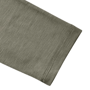 Detailed macro shot of army green slub cotton fabric texture and precise stitching detail
