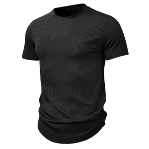 Detailed view of the black ribbed fabric and round neck on this men's athletic T-shirt