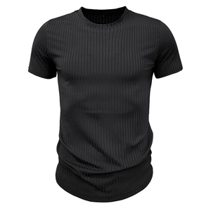 Detail of black ribbed knit fabric and crew neck collar on men's athletic fitted shirt