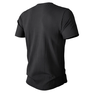 Back view of black slim-fit sports t-shirt with vertical pleated texture and crew neck