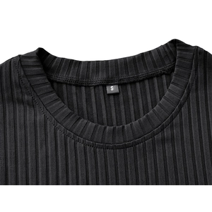 Detail of ribbed knit neckline on men's sports t-shirt with durable stitching