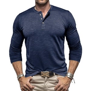 Slim fit navy blue long sleeve Henley shirt for men with three-button neckline detail