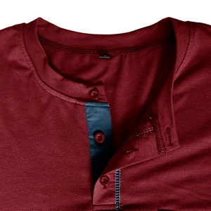 Detail of burgundy Henley shirt showing contrast blue placket and fine knit texture