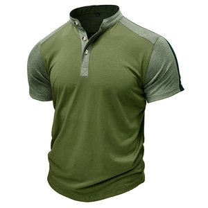 T-shirt Henley da uomo verde oliva a maniche corte con colletto alla coreana a contrasto