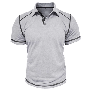 Detail of grey polo shirt featuring black contrast double stitching and two-button placket