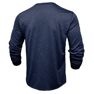Detailed back view of navy blue long sleeve slub cotton henley shirt for men