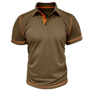 Detail of olive green polo shirt featuring orange contrast stitching and breathable fabric
