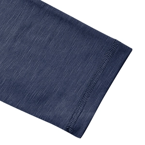Close-up of double-stitched hem on dark blue slub cotton long sleeve Henley shirt