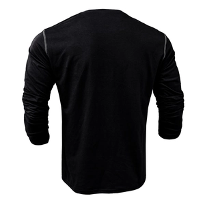 Detail view of black Henley shirt with grey contrast stitching on shoulders and sleeves