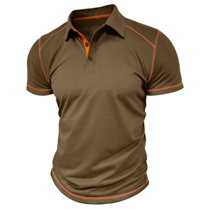 Detail of coffee brown short sleeve polo shirt with orange contrast stitching and button collar