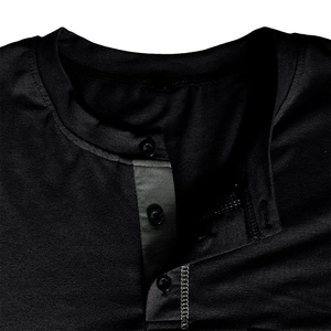 Detail of classic black Henley neck collar with three buttons on cotton knitted fabric