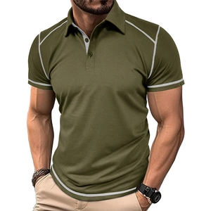 Men's army green short sleeve polo shirt with white contrast stitching and ribbed collar