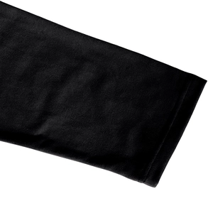 Detail view of the fine knit texture and high-quality stitching on a black Henley shirt sleeve