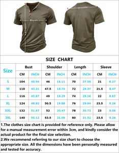 Detailed size chart for men's short sleeve Henley shirt with S to 3XL measurements