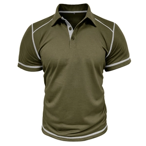 Close-up of olive green polo shirt collar with grey contrast stitching and white stripe detail