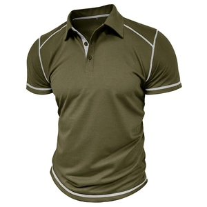 Detail of olive green polo shirt with white contrast stitching and breathable mesh fabric