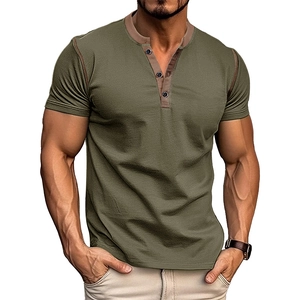 Detail of olive Henley shirt with contrast stitching and textured ribbed cotton blend fabric