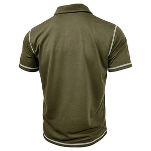 Detail of olive green polo shirt with white contrast stitching on back and shoulders