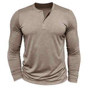 Men's long sleeve slub cotton henley shirt with three-button placket in brown earth tone