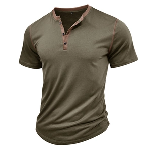 Close-up of olive green Henley shirt collar with brown trim and three-button placket detail