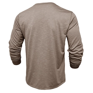 Back view of men's long sleeve slub cotton Henley t-shirt in heathered taupe color