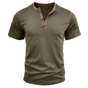 Detail of olive green henley shirt with brown contrast collar trim and three buttons