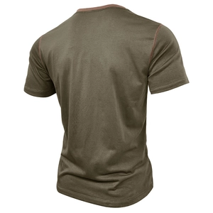 Rear view of slim fit army green men's Henley shirt with contrast red stitching detail