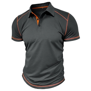 Detail of grey short sleeve polo shirt showing breathable mesh fabric and orange stitching