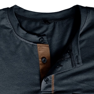 Men's dark grey Henley shirt with long sleeves and brown contrast three-button placket
