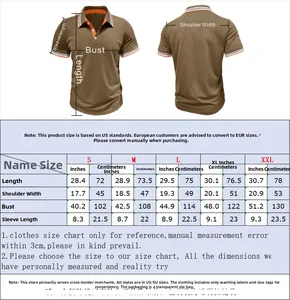 Detailed size chart for men's short sleeve polo shirt with chest and length measurements