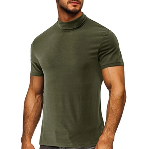 Men's mock-neck slim fit short sleeve T-shirt in olive green with stretch fabric