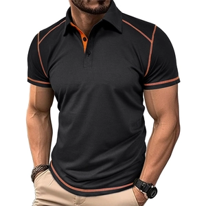 Men's slim fit black short sleeve polo shirt with orange contrast stitching and collar