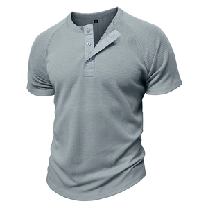 Men's grey waffle knit Henley shirt with short sleeves and three-button placket on white back