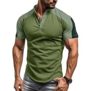 Camicia Henley da Uomo in Cotone a Manica Corta Slim Fit Color Block Collo alla Coreana T-shirt Casual Outdoor Sport Top