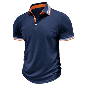 Men's navy blue short sleeve polo shirt with orange contrast stripe collar and white buttons