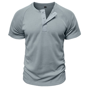 Men's waffle knit Henley t-shirt in grey with short raglan sleeves and three-button placket