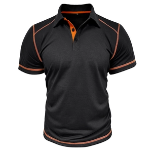 Close-up of black men's polo shirt with orange contrast stitching and button neckline