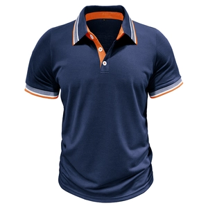 Men's navy colorblock short sleeve polo shirt with orange stripes and breathable texture