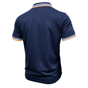 Navy short sleeve polo shirt for men with striped cuffs and collar shown from the back